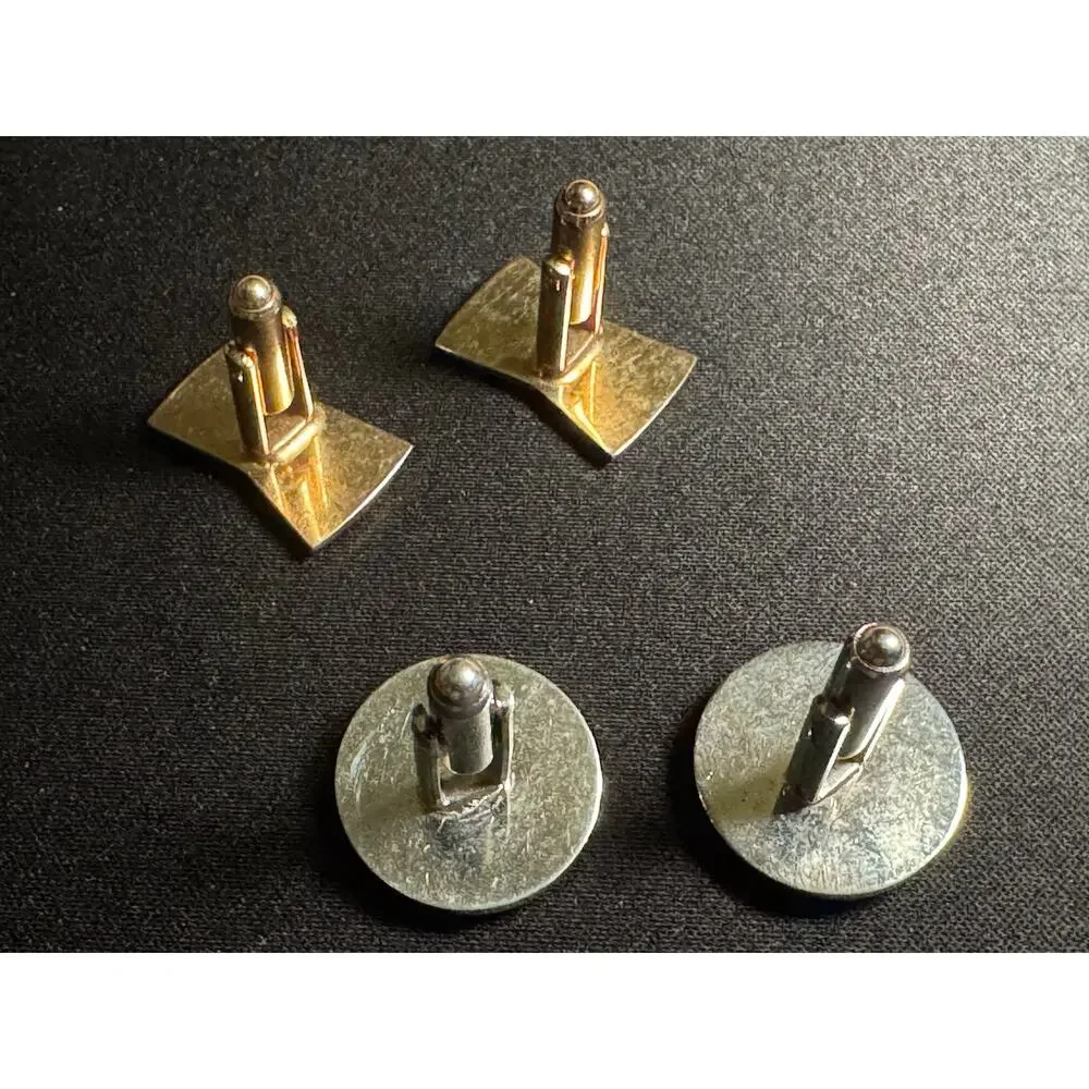 2 Pair of Vintage Cuff Links Silver Agate & Gold Tone Bowtie